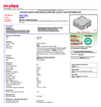 0039012061 Datasheet PDF Molex Connectors