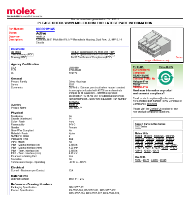 0039012145 Datasheet PDF Molex Connectors