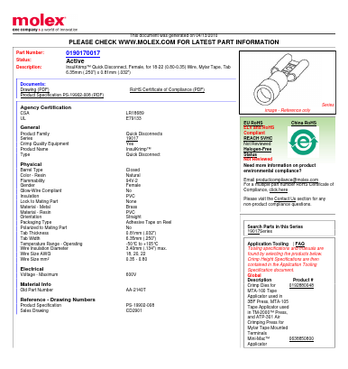 0190170017 Datasheet PDF Molex Connectors