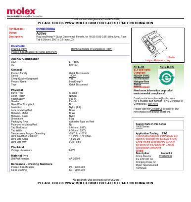 0190070004 Datasheet PDF Molex Connectors