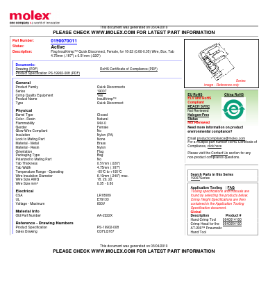 0190070011 Datasheet PDF Molex Connectors