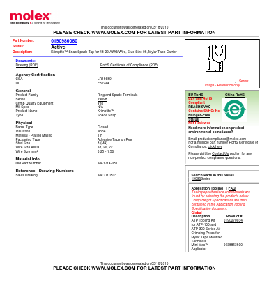 0190980080 Datasheet PDF Molex Connectors