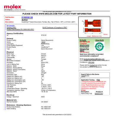 0190030126 Datasheet PDF Molex Connectors