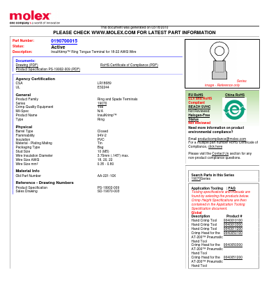 0190700015 Datasheet PDF Molex Connectors