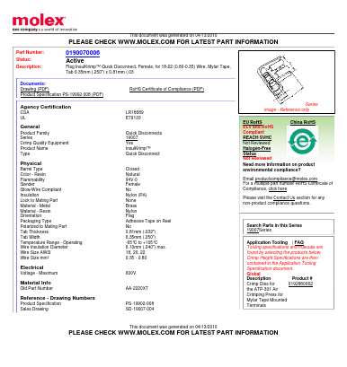 0190070006 Datasheet PDF Molex Connectors