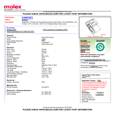 0190070071 Datasheet PDF Molex Connectors