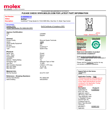 0190990016 Datasheet PDF Molex Connectors