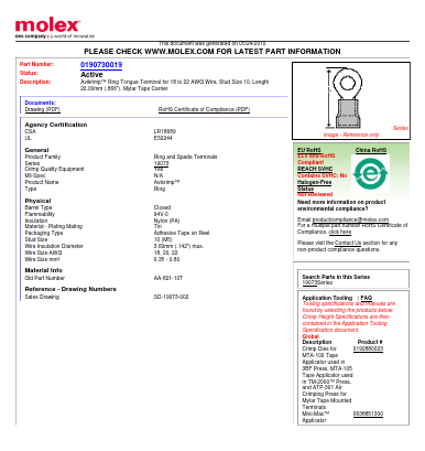 0190730019 Datasheet PDF Molex Connectors