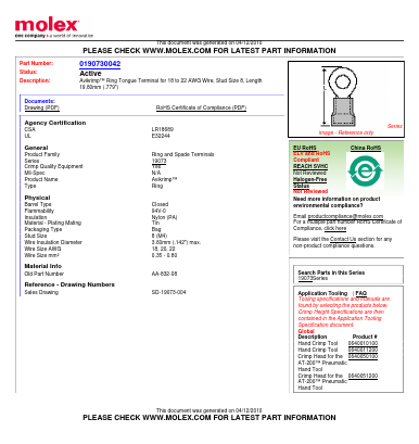 0190730042 Datasheet PDF Molex Connectors