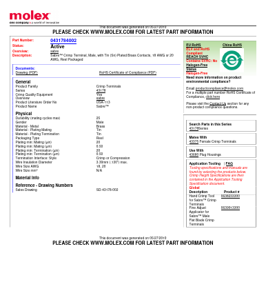 43178-4002 Datasheet PDF Molex Connectors