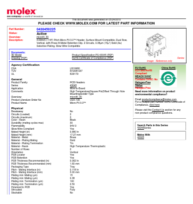 0430450225 Datasheet PDF Molex Connectors
