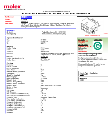 0430450607 Datasheet PDF Molex Connectors
