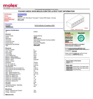 0399000502 Datasheet PDF Molex Connectors