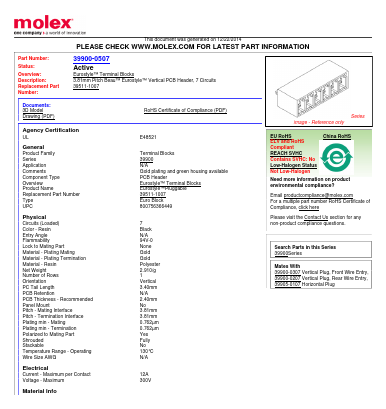39900-0507 Datasheet PDF Molex Connectors