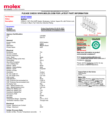 0416710004 Datasheet PDF Molex Connectors