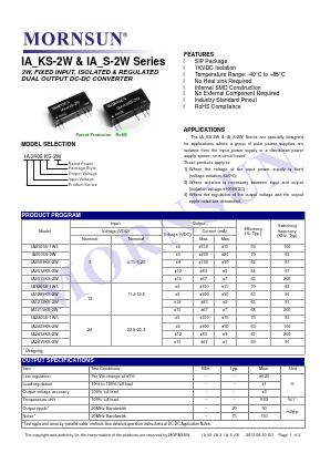 IA2405S-1W5 Datasheet PDF MORNSUN Science& Technology Ltd.