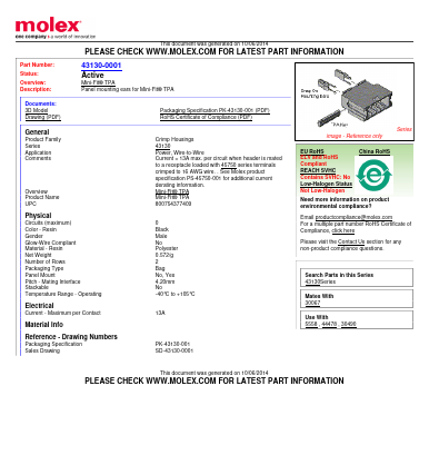 43130-0001 Datasheet PDF Molex Connectors