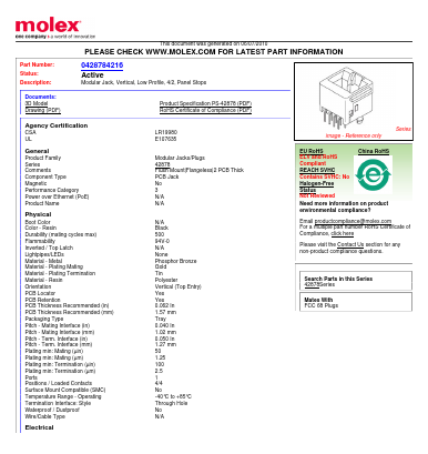 42878-4216 Datasheet PDF Molex Connectors