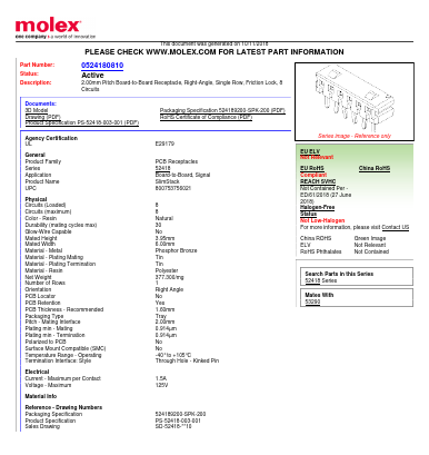 0524180810 Datasheet PDF Molex Connectors