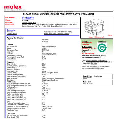 43202-8816 Datasheet PDF Molex Connectors