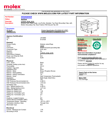 43202-8925 Datasheet PDF Molex Connectors