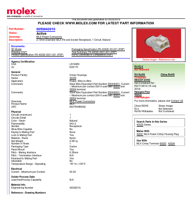 0050842010 Datasheet PDF Molex Connectors