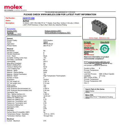 43915-1206 Datasheet PDF Molex Connectors