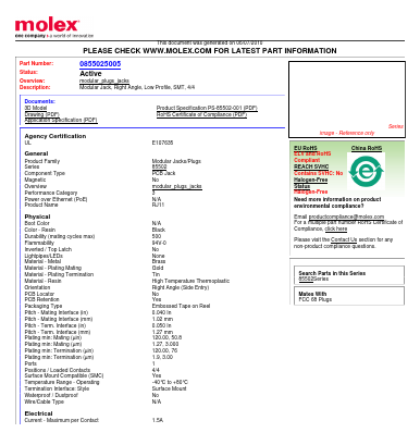 85502-5005 Datasheet PDF Molex Connectors