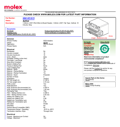 0681451615 Datasheet PDF Molex Connectors