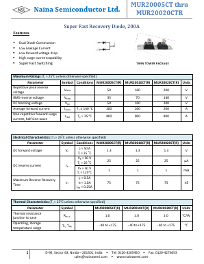 MUR20010CT Datasheet PDF Naina Semiconductor ltd.