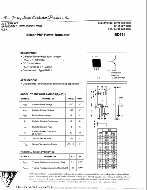 BD954 Datasheet PDF New Jersey Semiconductor