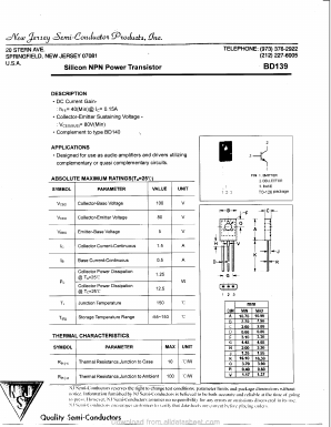 BD139 Datasheet PDF New Jersey Semiconductor