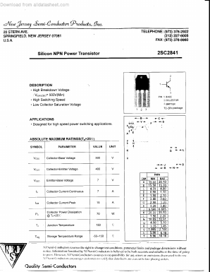 2SC2841 Datasheet PDF New Jersey Semiconductor