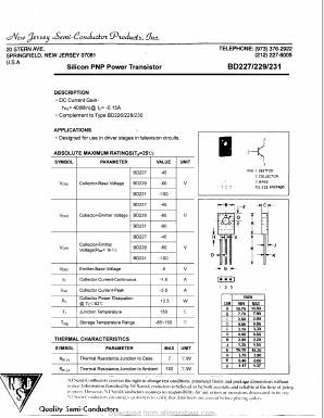BD229 Datasheet PDF New Jersey Semiconductor