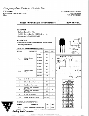 BDW84 Datasheet PDF New Jersey Semiconductor
