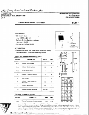 BD807 Datasheet PDF New Jersey Semiconductor