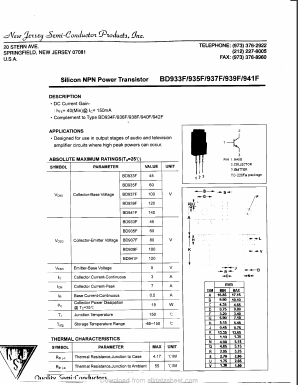 BD939F Datasheet PDF New Jersey Semiconductor