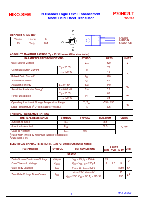 P70N02LT Datasheet PDF Niko Semiconductor
