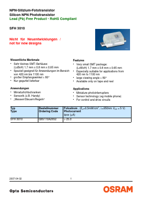 SFH3010 Datasheet PDF OSRAM GmbH