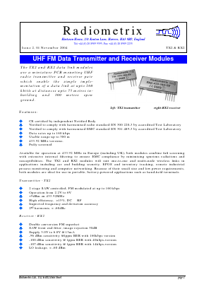 TX2-433 Datasheet PDF Radiometrix Ltd