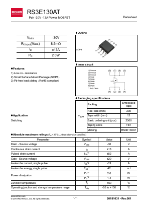 RS3E130AT Datasheet PDF ROHM Semiconductor
