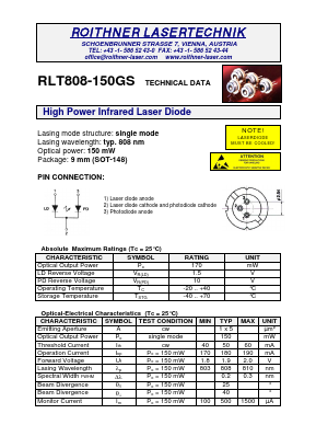 RLT808-150GS Datasheet PDF Roithner LaserTechnik GmbH
