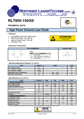 RLT850-150GS Datasheet PDF Roithner LaserTechnik GmbH