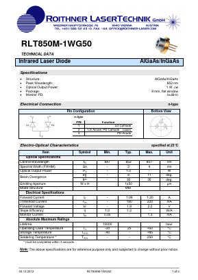 RLT850M-1WG50 Datasheet PDF Roithner LaserTechnik GmbH