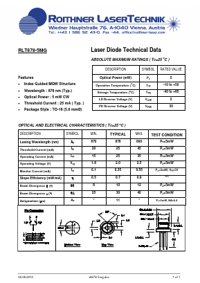 RLT878-5MG Datasheet PDF Roithner LaserTechnik GmbH