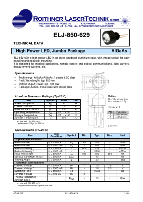 ELJ-850-629 Datasheet PDF Roithner LaserTechnik GmbH