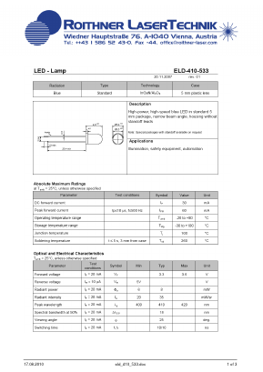 ELD-410-533 Datasheet PDF Roithner LaserTechnik GmbH