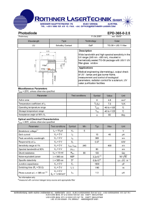 EPD-365-0-2.5 Datasheet PDF Roithner LaserTechnik GmbH