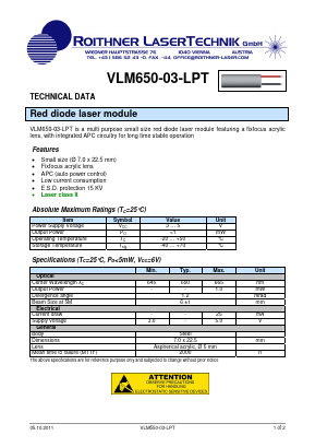 VLM650-03-LPT Datasheet PDF Roithner LaserTechnik GmbH