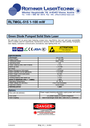 RLTMGL-515 Datasheet PDF Roithner LaserTechnik GmbH